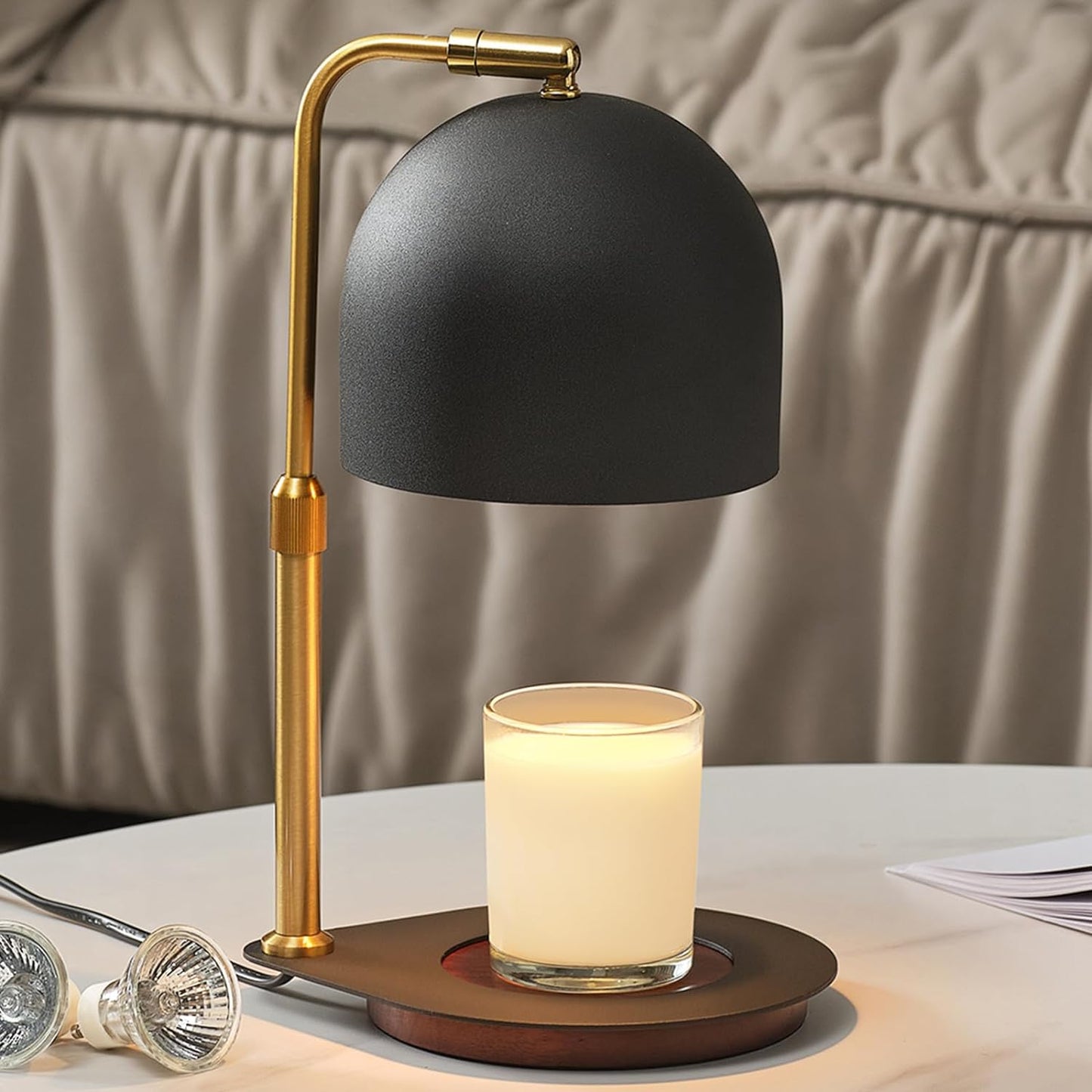 Candle Warmer Lamp with Timer, Candle Warming Lamp for Large Jar Candles, Adjustable Height Dimmable Metal Top Wooden Base Candle Warmer with 2 Bulbs (Black)