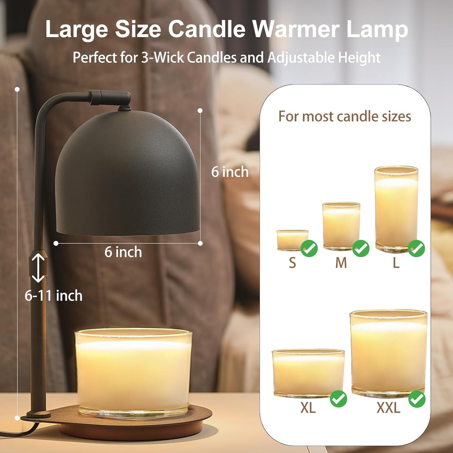 Candle Warmer Lamp with Timer, Candle Warming Lamp for Large Jar Candles, Adjustable Height Dimmable Metal Top Wooden Base Candle Warmer with 2 Bulbs (Black)