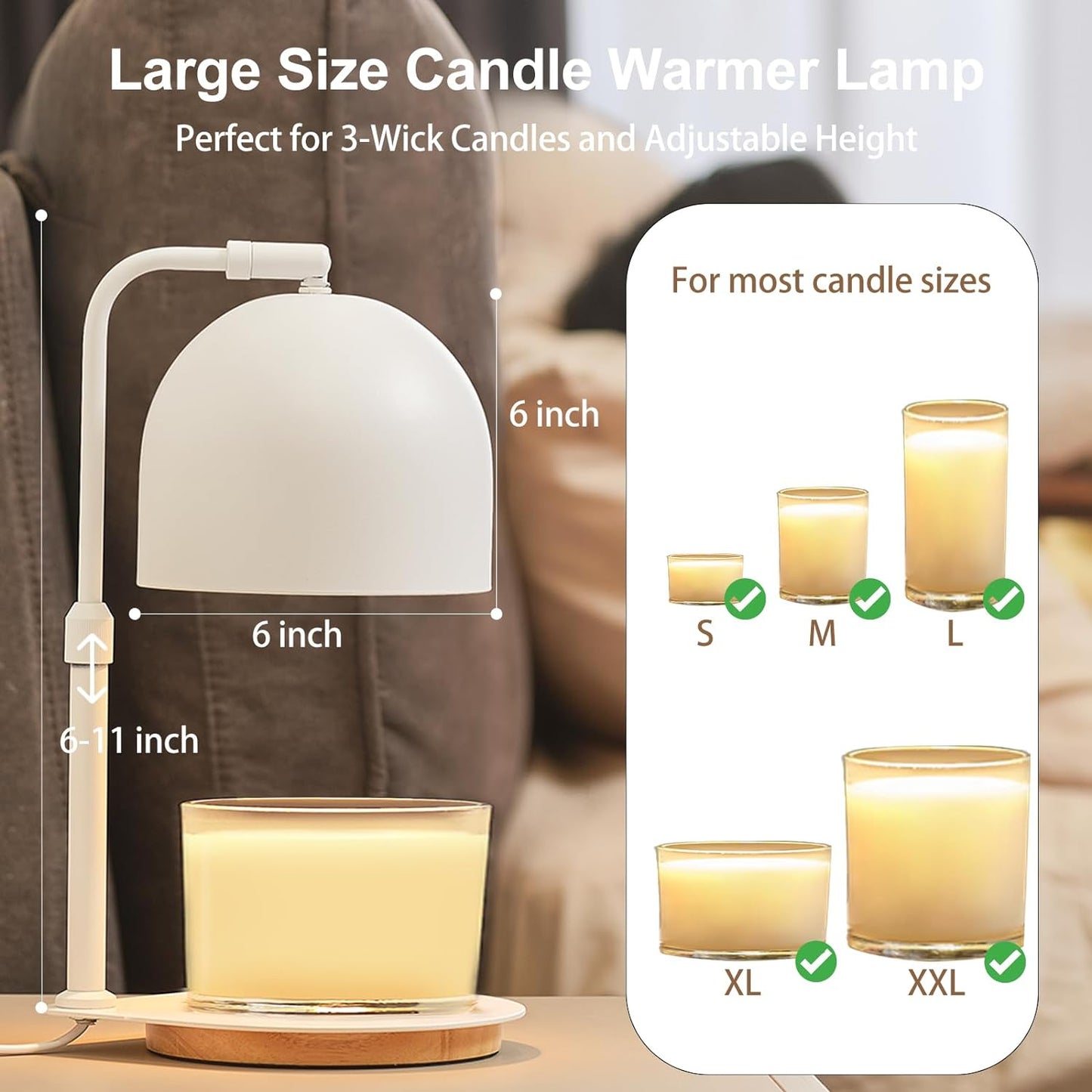 Candle Warmer Lamp with Timer, Candle Warming Lamp for Large Jar Candles, Adjustable Height Dimmable Metal Top Wooden Base Candle Warmer with 2 Bulbs (Black)