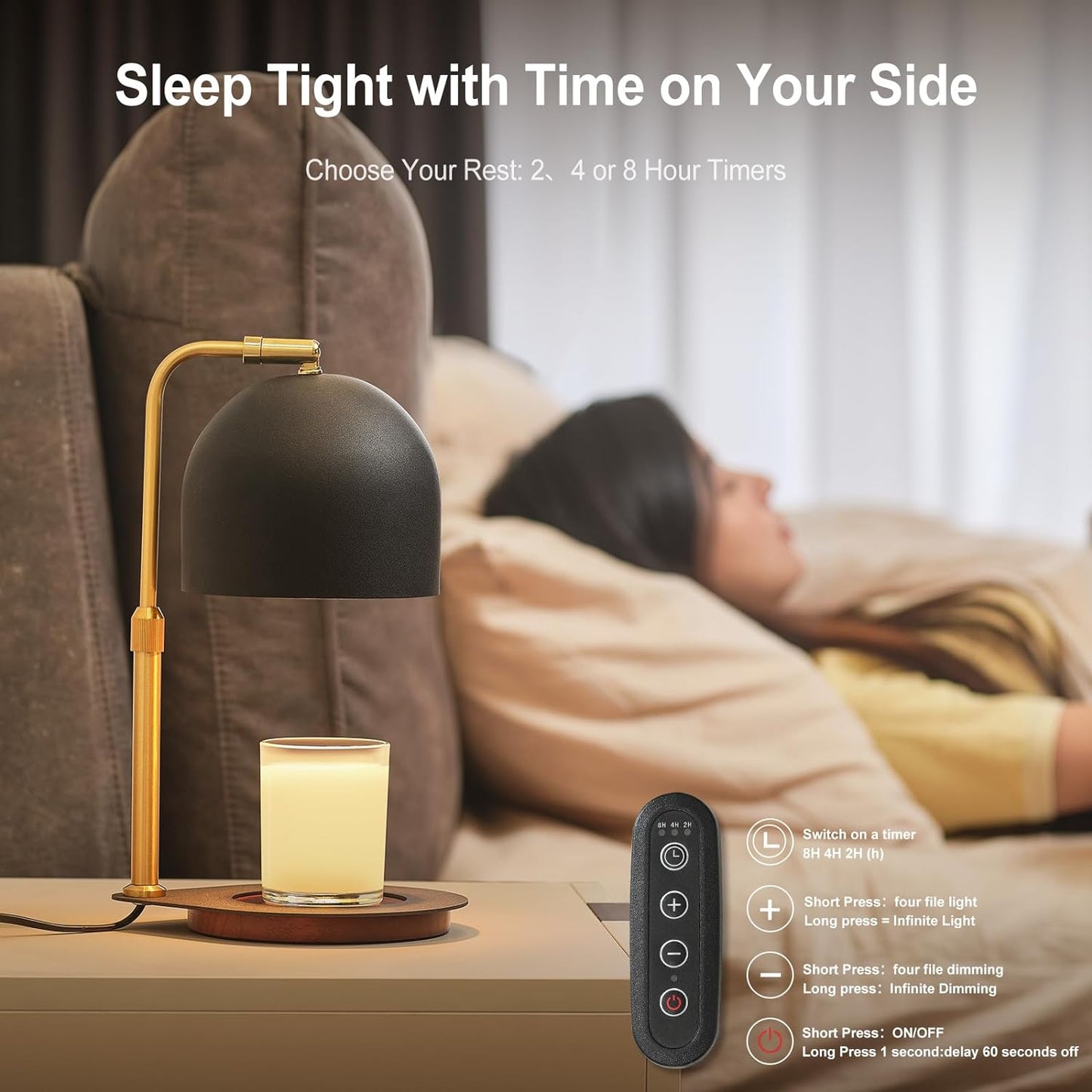 Candle Warmer Lamp with Timer, Candle Warming Lamp for Large Jar Candles, Adjustable Height Dimmable Metal Top Wooden Base Candle Warmer with 2 Bulbs (Black)