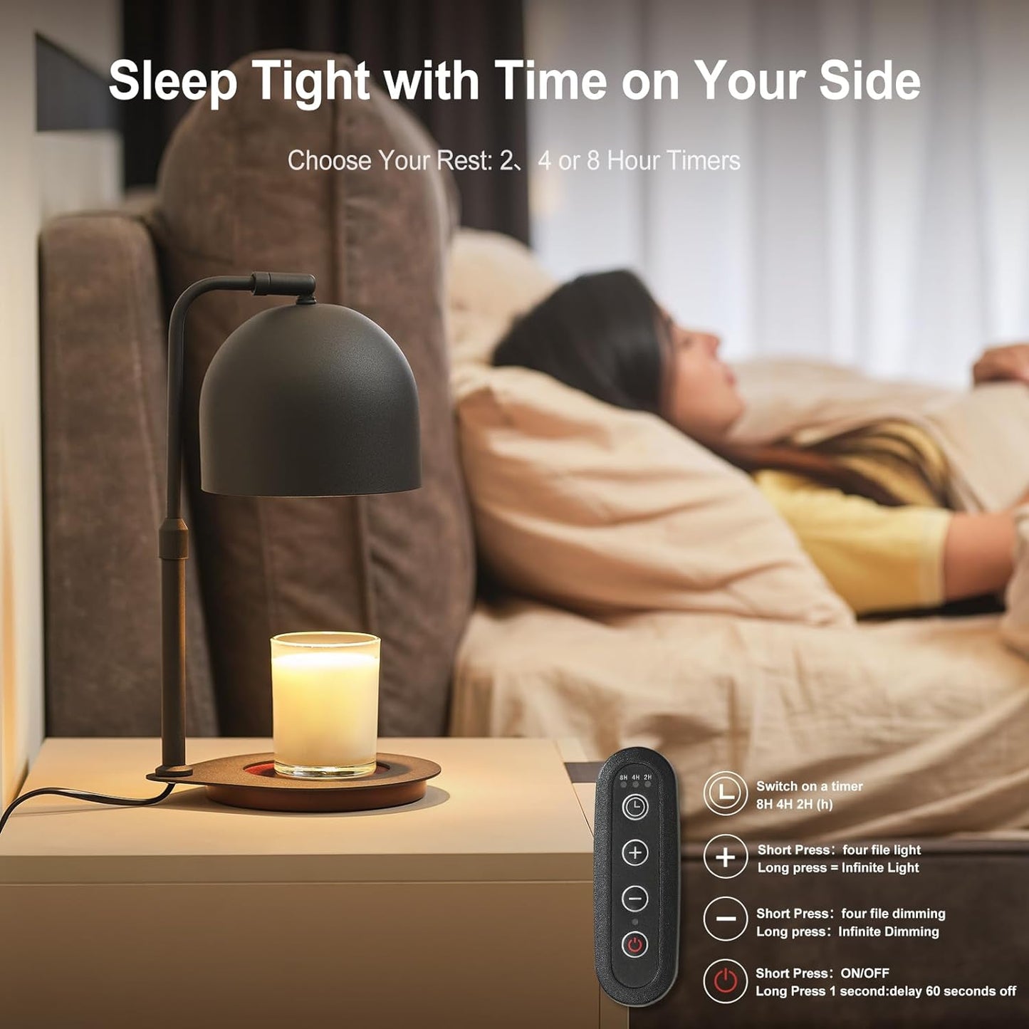 Candle Warmer Lamp with Timer, Candle Warming Lamp for Large Jar Candles, Adjustable Height Dimmable Metal Top Wooden Base Candle Warmer with 2 Bulbs (Black)