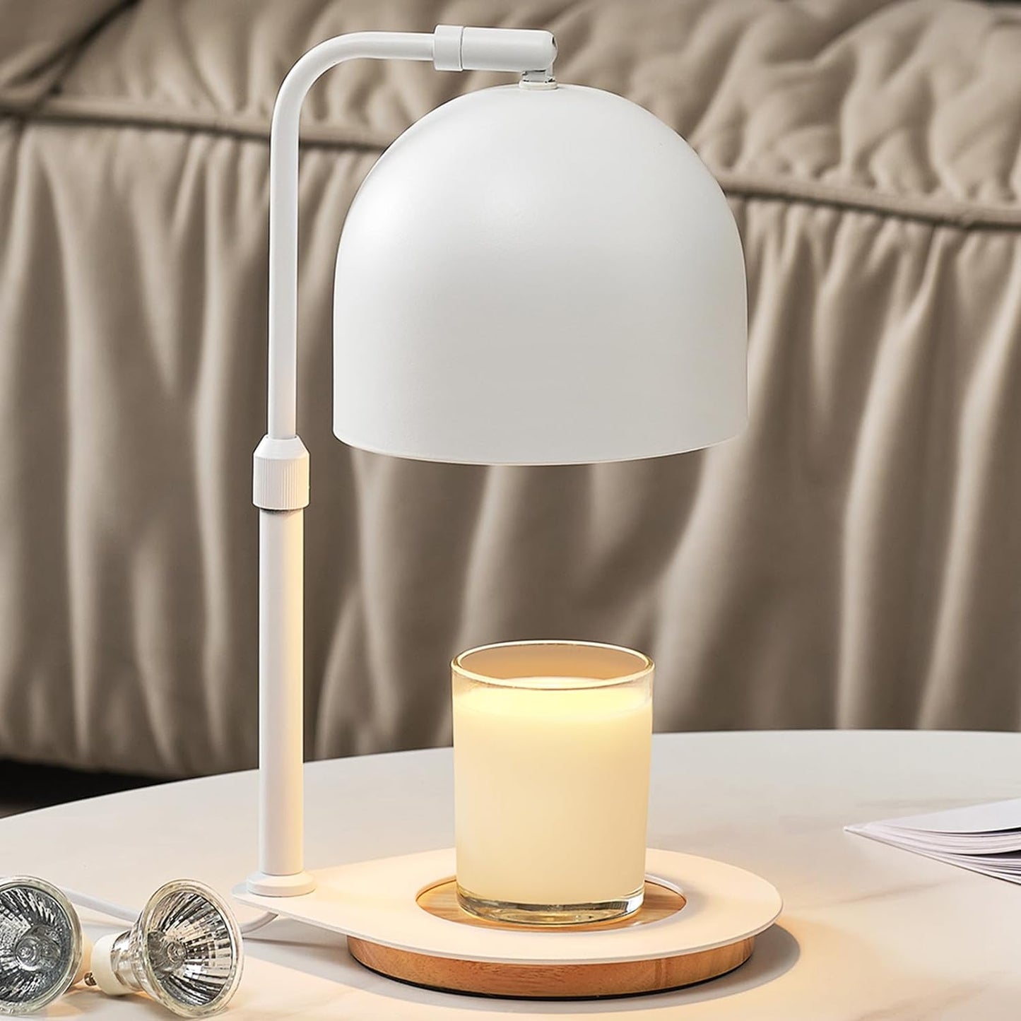 Candle Warmer Lamp with Timer, Candle Warming Lamp for Large Jar Candles, Adjustable Height Dimmable Metal Top Wooden Base Candle Warmer with 2 Bulbs (Black)
