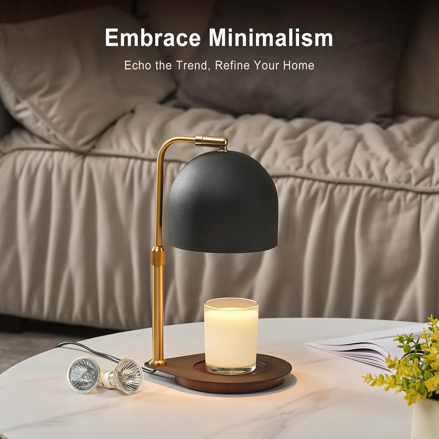 Candle Warmer Lamp with Timer, Candle Warming Lamp for Large Jar Candles, Adjustable Height Dimmable Metal Top Wooden Base Candle Warmer with 2 Bulbs (Black)