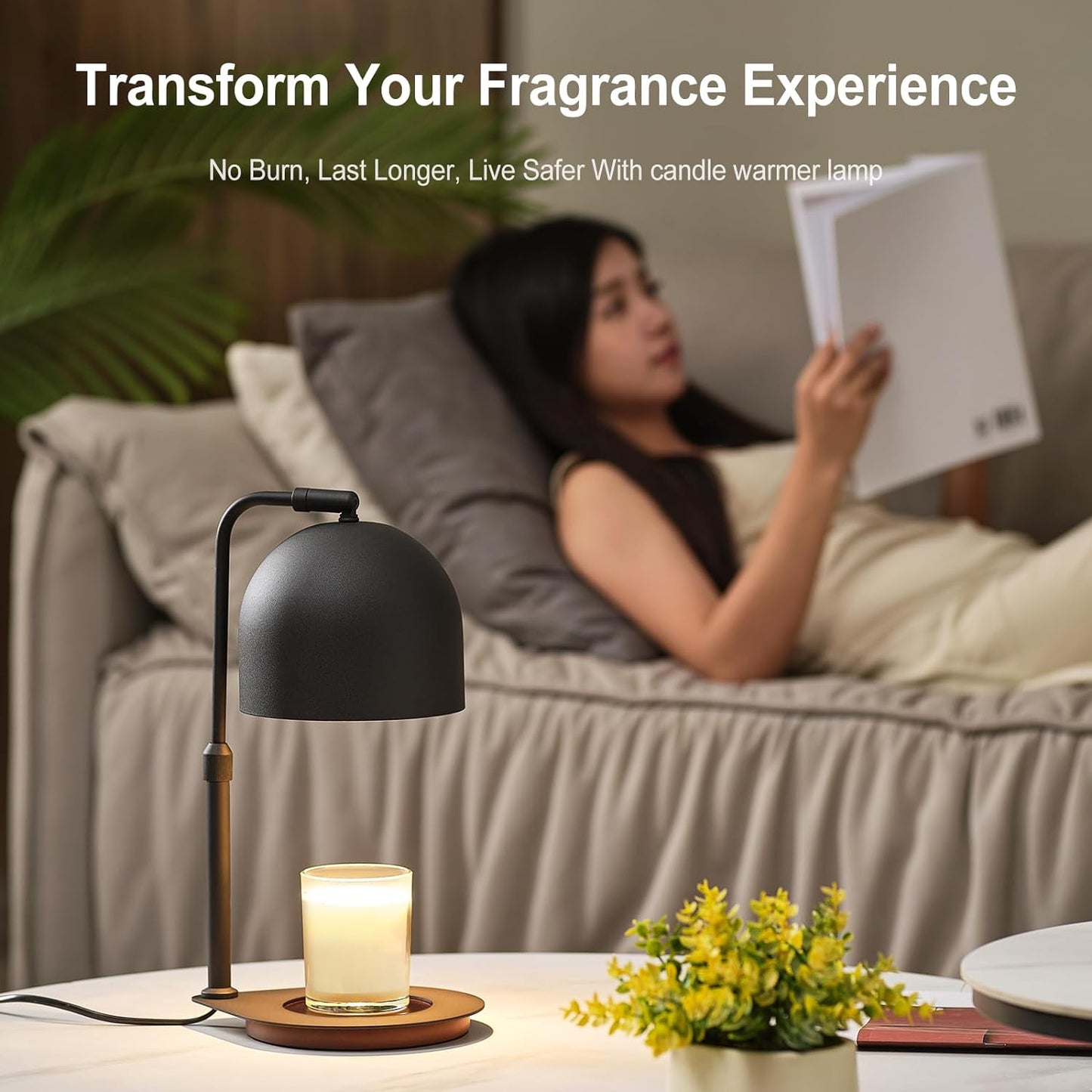 Candle Warmer Lamp with Timer, Candle Warming Lamp for Large Jar Candles, Adjustable Height Dimmable Metal Top Wooden Base Candle Warmer with 2 Bulbs (Black)