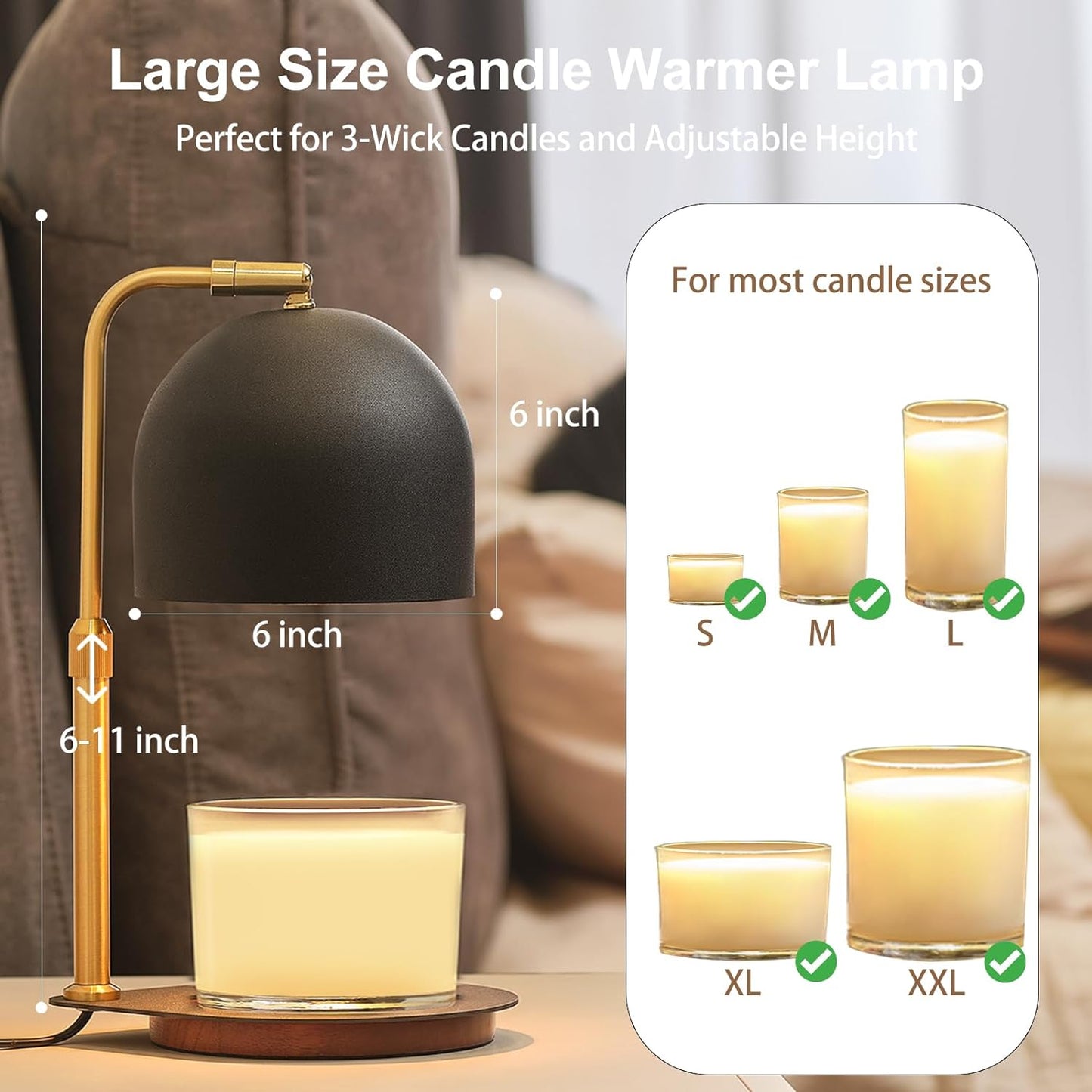 Candle Warmer Lamp with Timer, Candle Warming Lamp for Large Jar Candles, Adjustable Height Dimmable Metal Top Wooden Base Candle Warmer with 2 Bulbs (Black)
