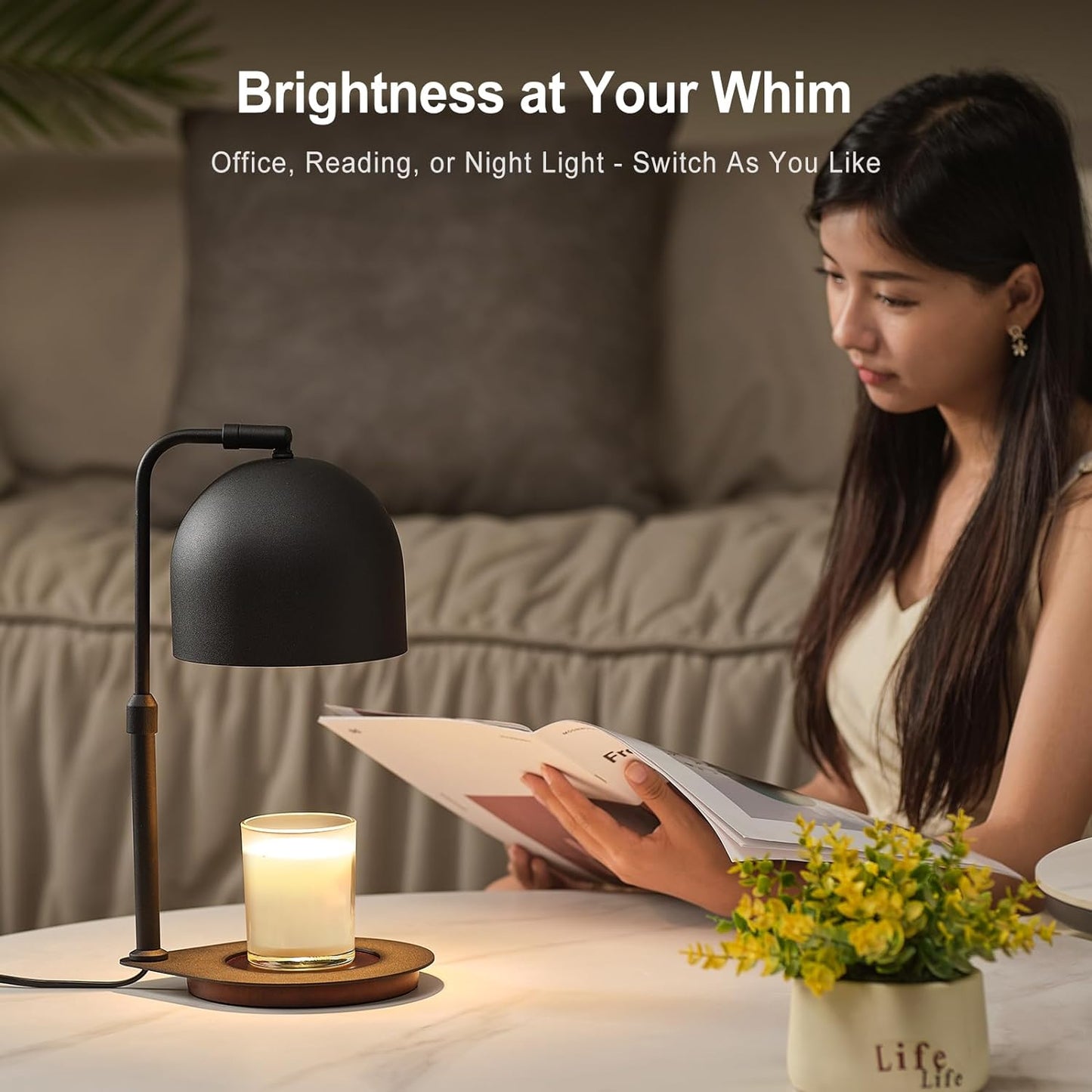 Candle Warmer Lamp with Timer, Candle Warming Lamp for Large Jar Candles, Adjustable Height Dimmable Metal Top Wooden Base Candle Warmer with 2 Bulbs (Black)